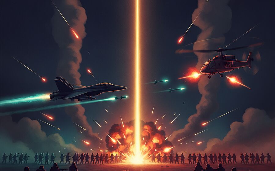 A fighter jet and an attack helicopter firing missiles over the battlefield — orders above $100,000