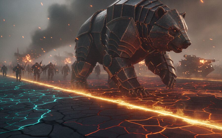 A colossal armoured bear advancing through smoke at the head of an ember-lit army — the sellers