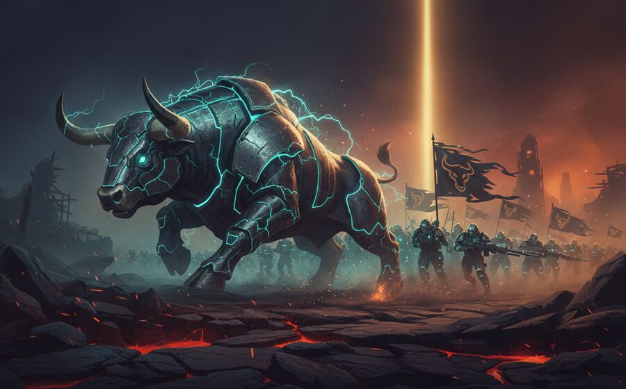 An armoured bull charging at the head of a teal-lit army — the buyers